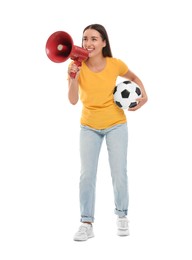 Happy fan with soccer ball using megaphone isolated on white