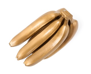 Shiny stylish gold bananas on white background, top view