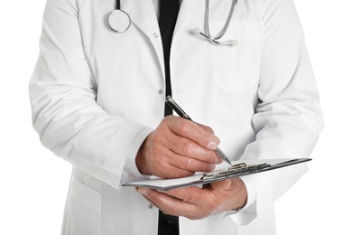 Male doctor with stethoscope and clipboard isolated on white, closeup. Medical staff