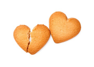Photo of Tasty heart shaped Danish butter cookies isolated on white, top view