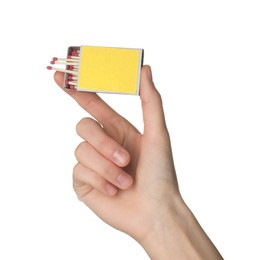 Photo of Woman holding box with matches on white background, closeup. Mockup for design