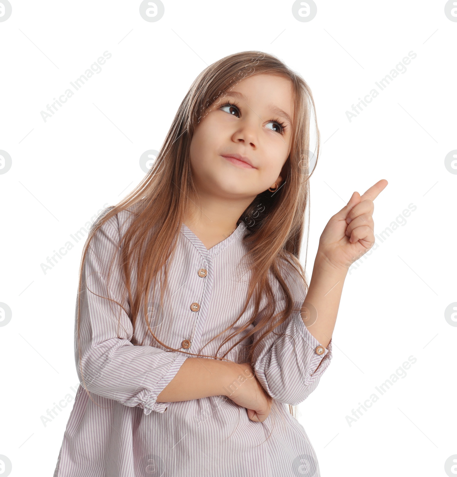 Photo of Portrait of cute little girl on white background