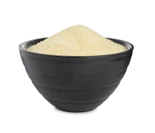 Photo of Gelatin powder in black bowl isolated on white