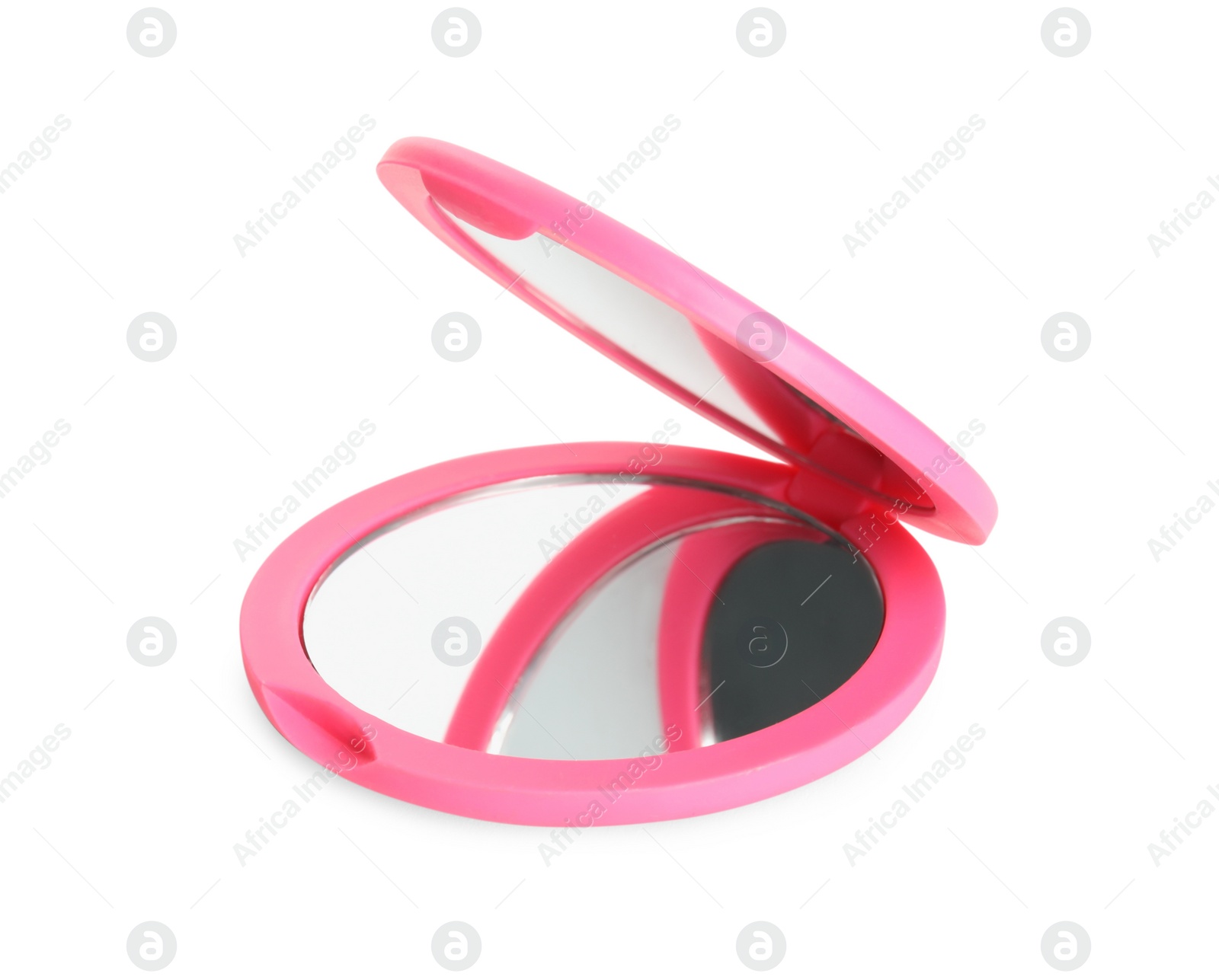 Photo of Pink cosmetic pocket mirror isolated on white