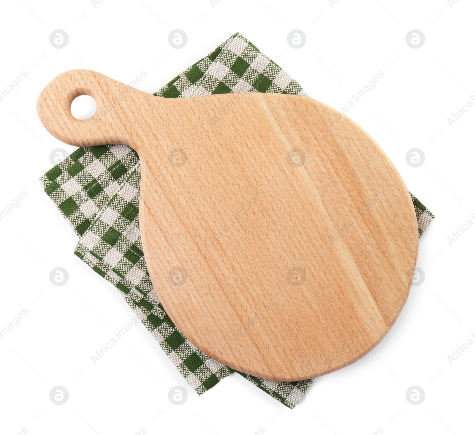 Photo of Wooden cutting board and napkin isolated on white, top view