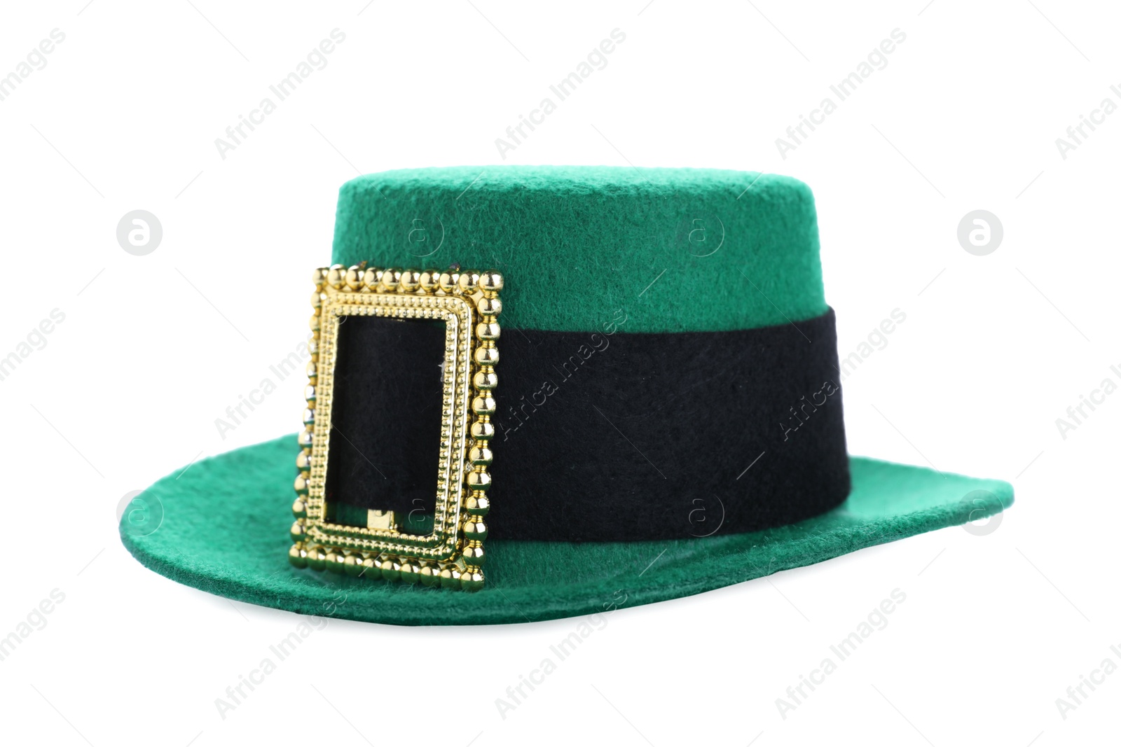 Photo of Green leprechaun hat isolated on white. St. Patrick's Day celebration