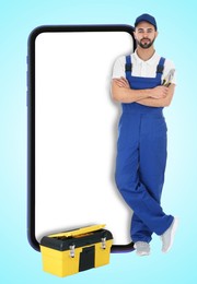Image of Repair service - just call. Professional repairman, toolbox and smartphone with blank screen on cyan background, space for design