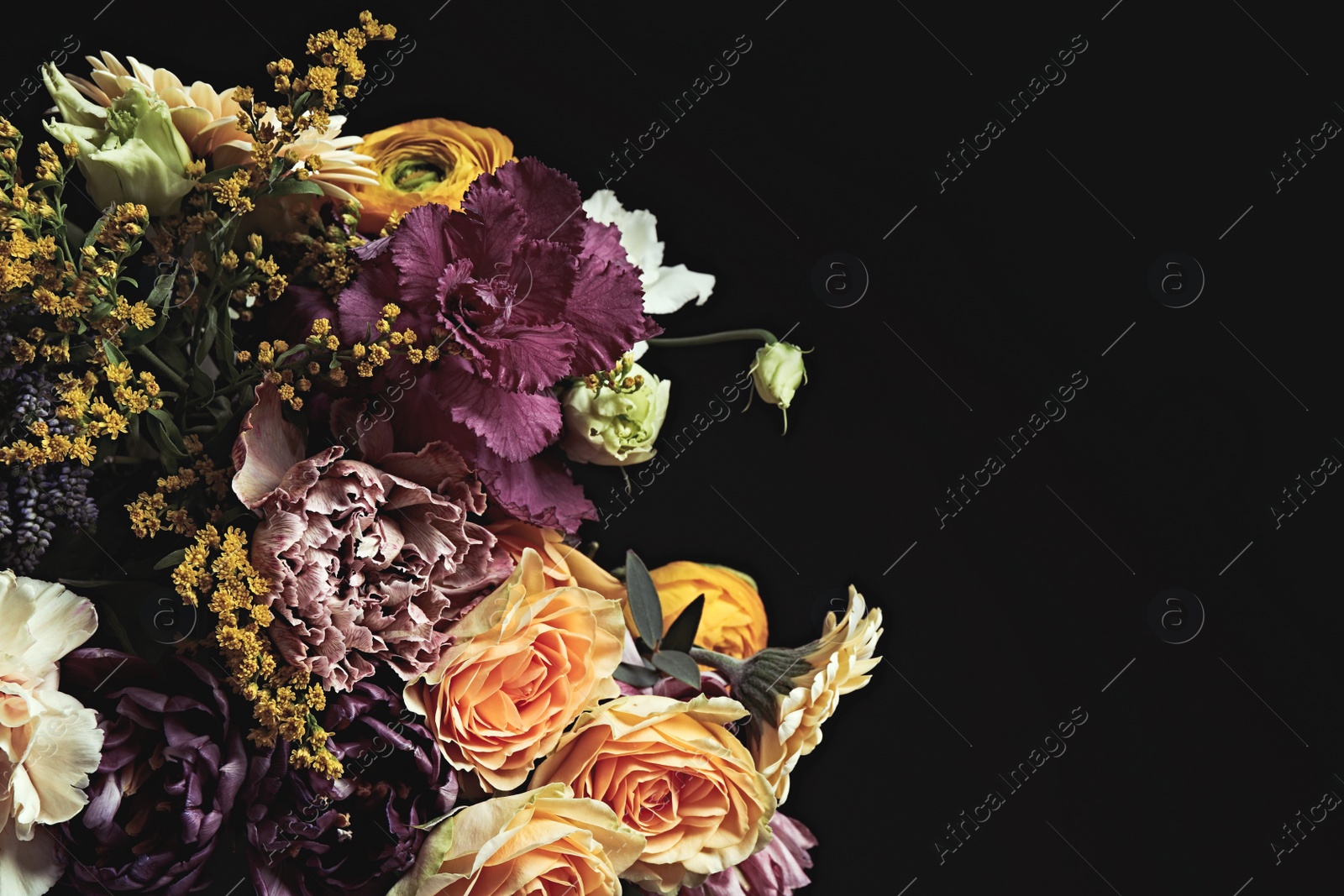 Photo of Beautiful bouquet of different flowers on black background, space for text. Floral card design with dark vintage effect