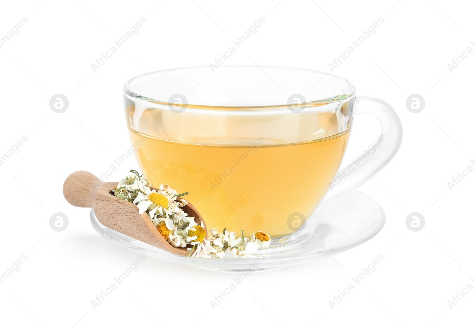 Photo of Fresh chamomile tea and dry flowers in scoop isolated on white