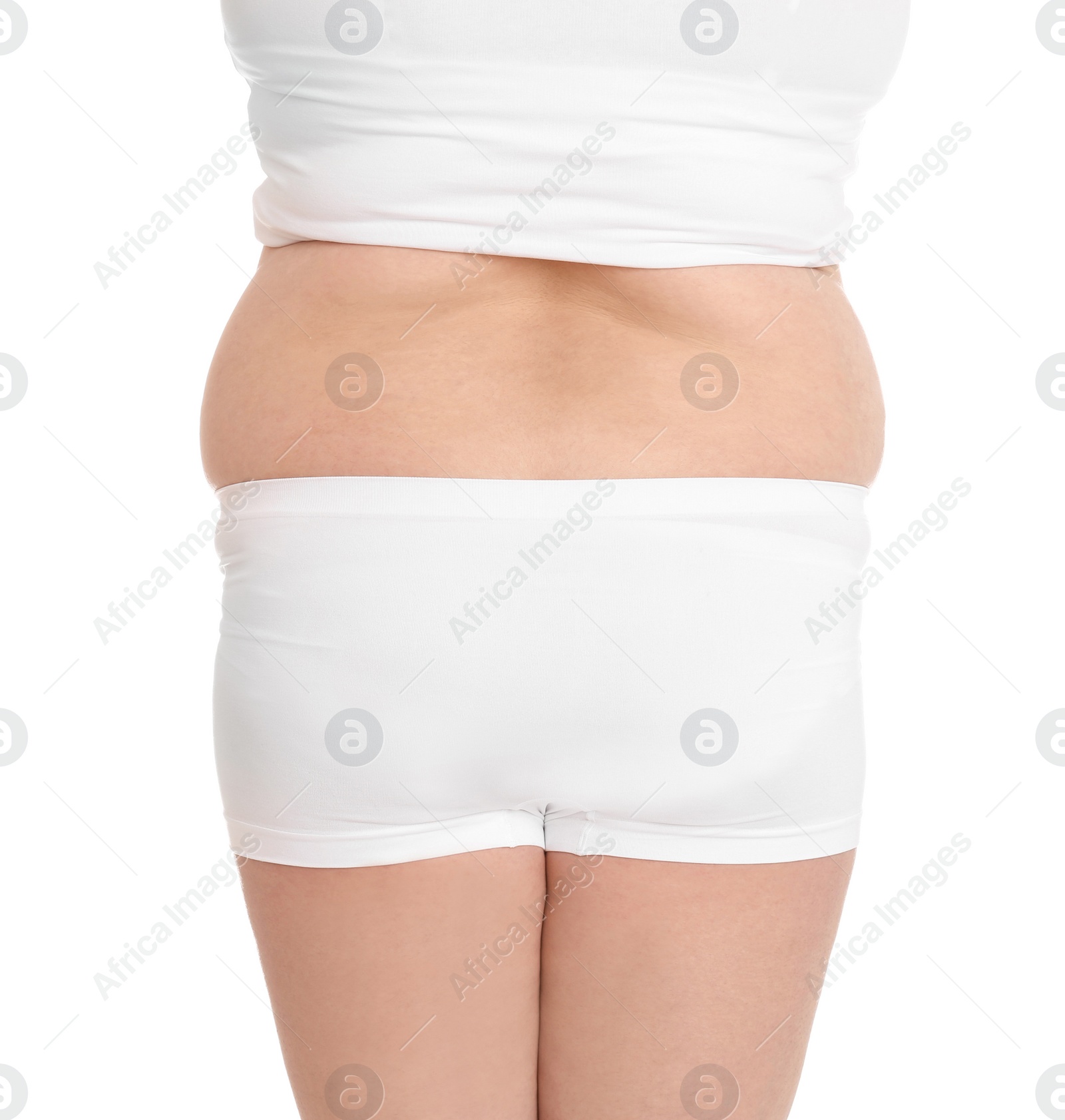 Photo of Overweight woman on white background, closeup. Weight loss