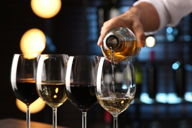 Bartender preparing wine tasting set indoors, closeup