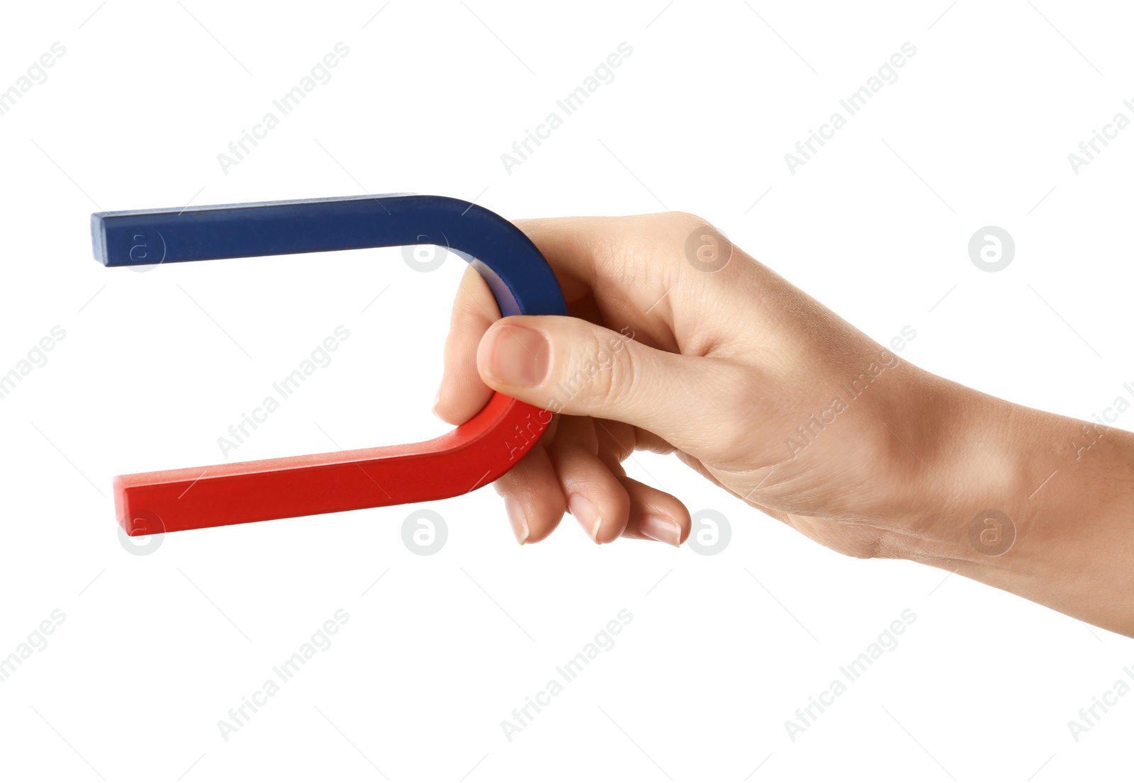 Photo of Woman holding magnet on white background, closeup