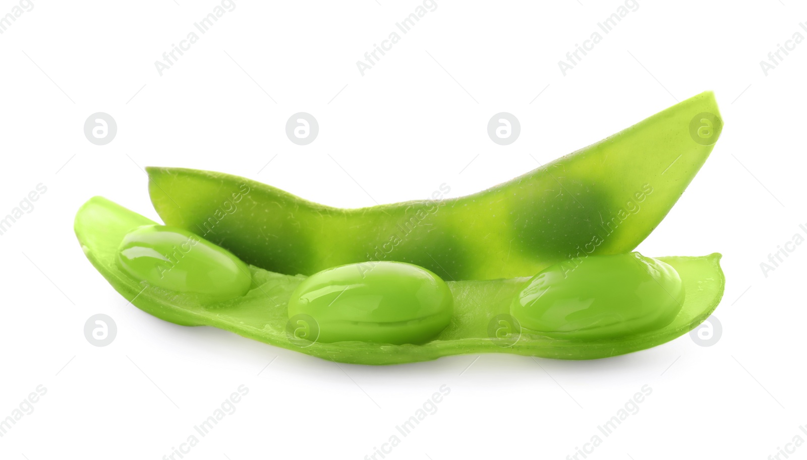 Photo of Raw green edamame pods with beans on white background