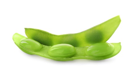 Photo of Raw green edamame pods with beans on white background