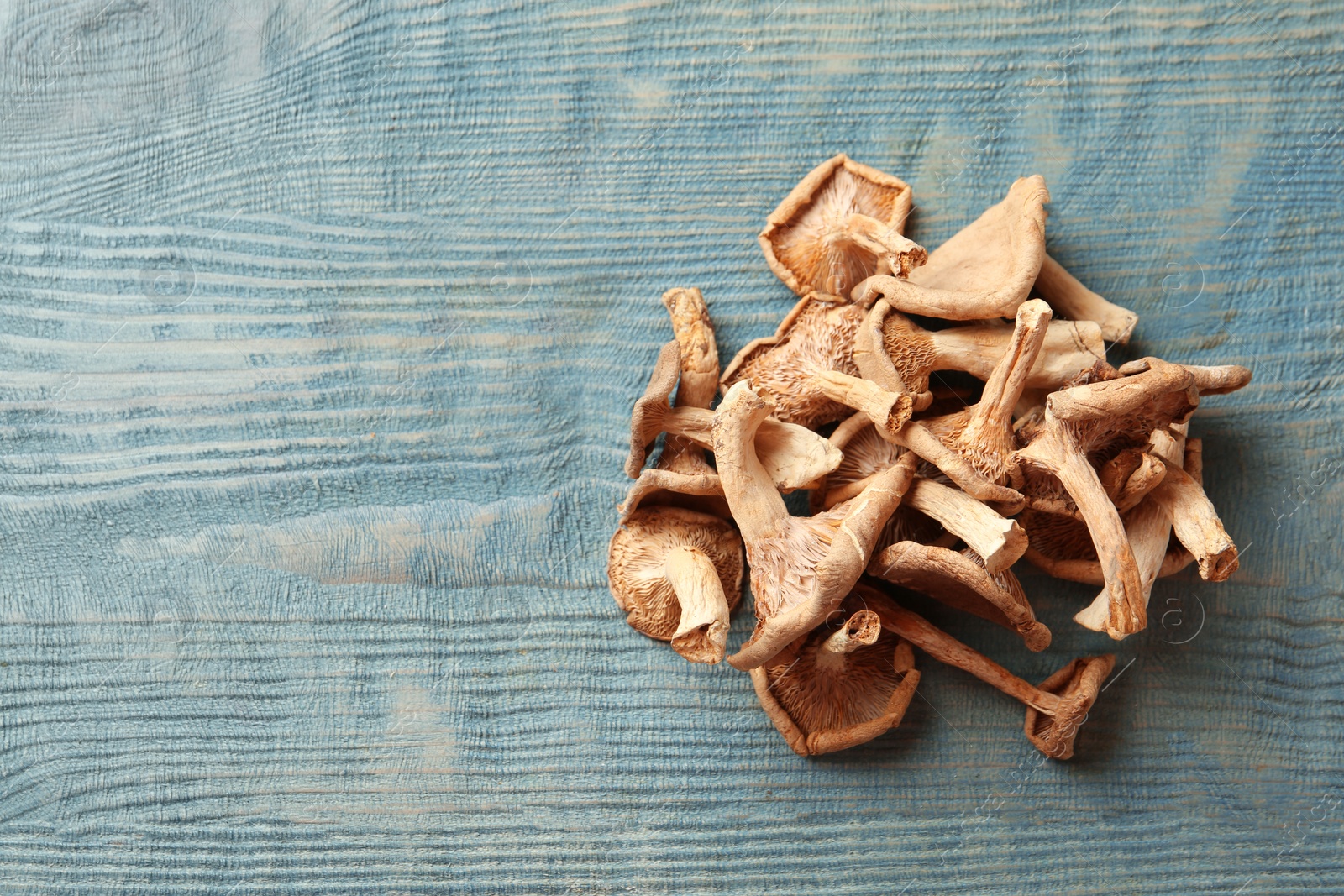 Photo of Delicious dried mushrooms on color wooden background, top view with space for text