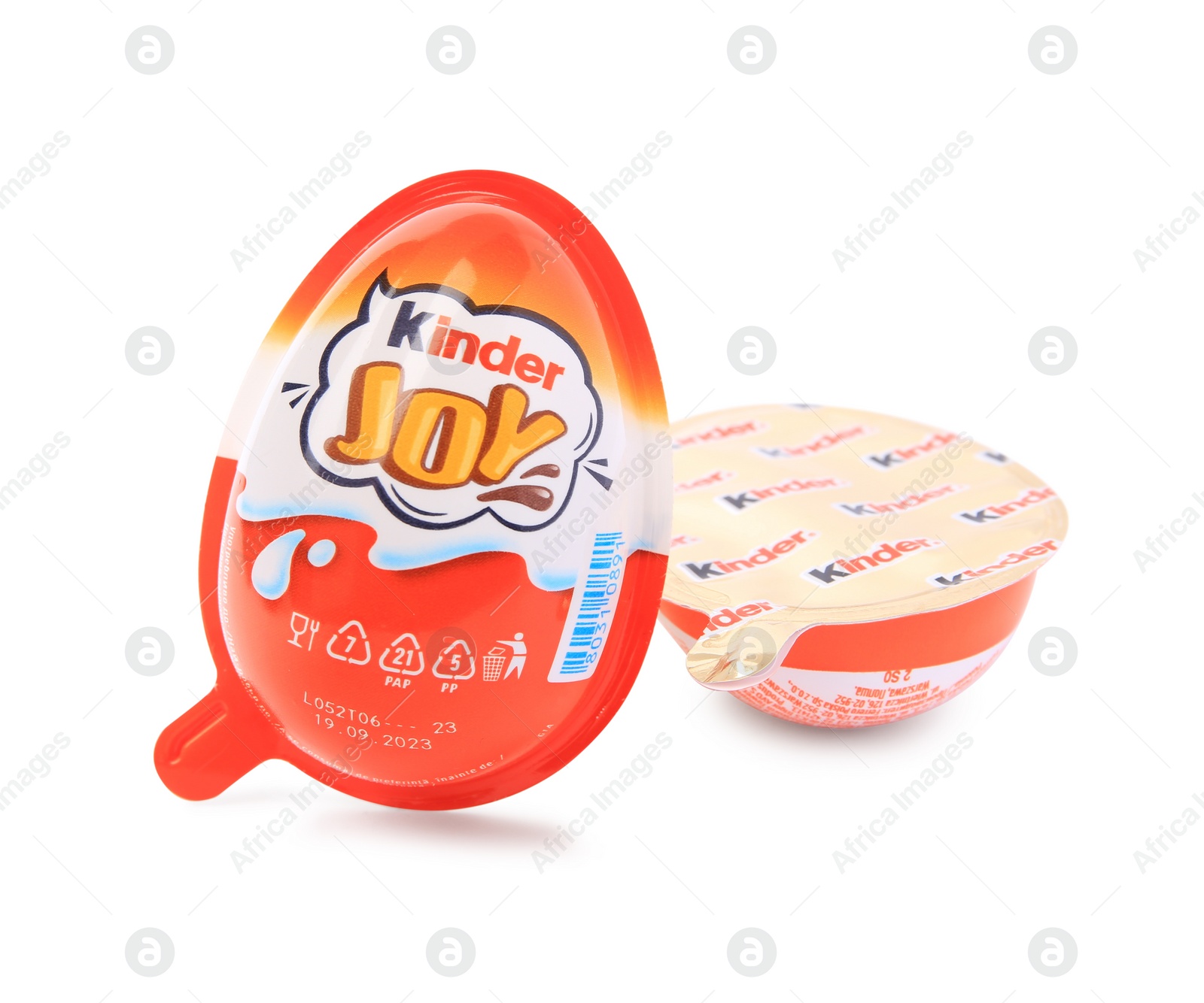 Photo of Slynchev Bryag, Bulgaria - May 24, 2023: Kinder Joy Eggs on white background