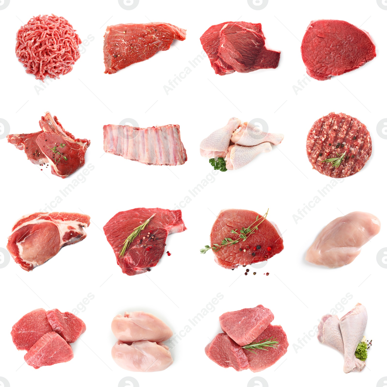 Image of Set with different raw meat on white background, top view 