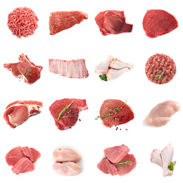 Set with different raw meat on white background, top view 