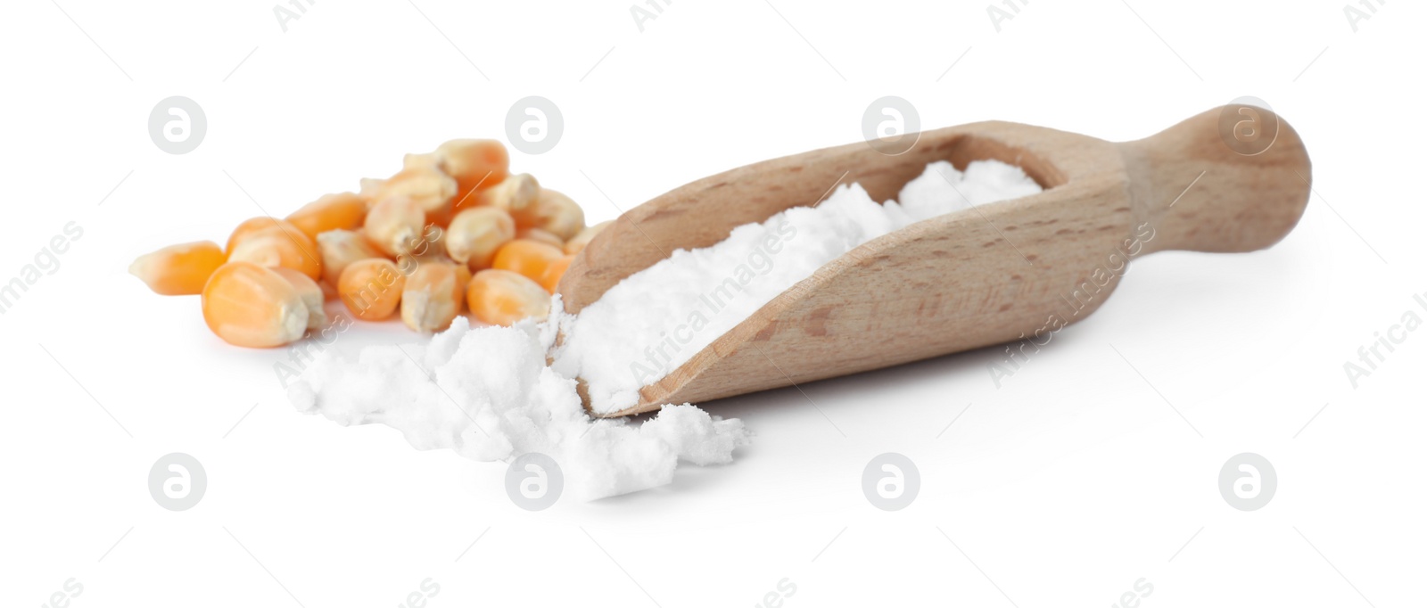 Photo of Scoop with corn starch and kernels on white background