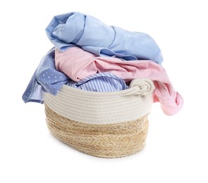 Photo of Wicker laundry basket full of clothes isolated on white