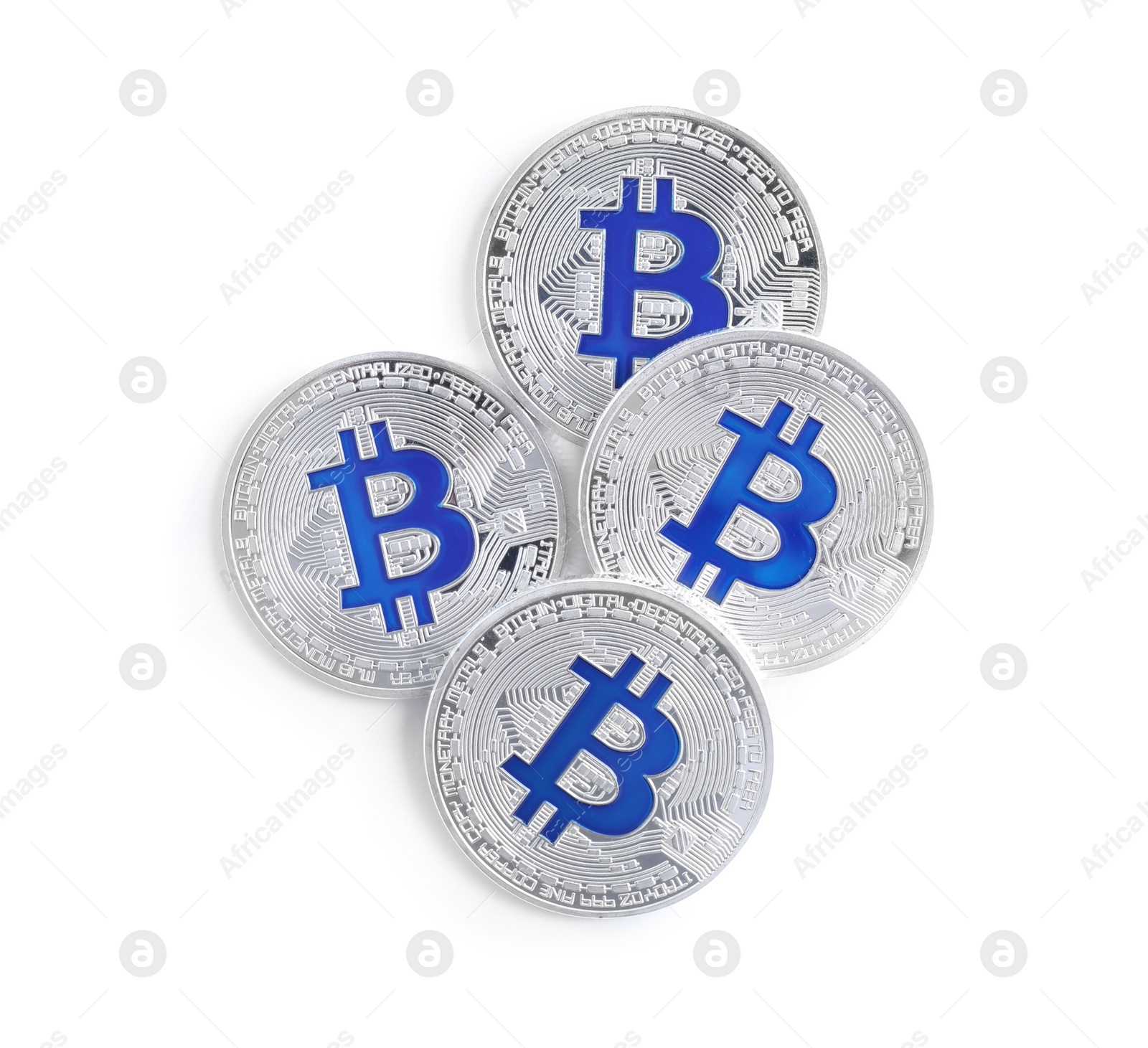 Photo of Bitcoins isolated on white, top view. Digital currency