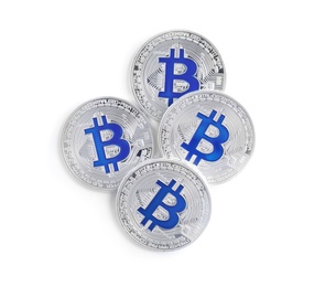 Bitcoins isolated on white, top view. Digital currency