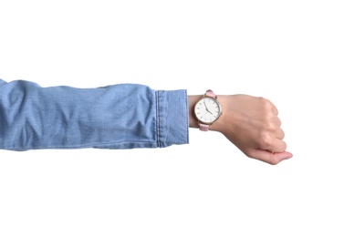 Young woman with wristwatch on white background. Time concept