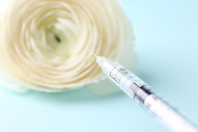 Photo of Cosmetology. Medical syringe and ranunculus flower on light blue background, closeup