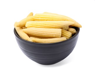 Photo of Bowl of pickled baby corn isolated on white