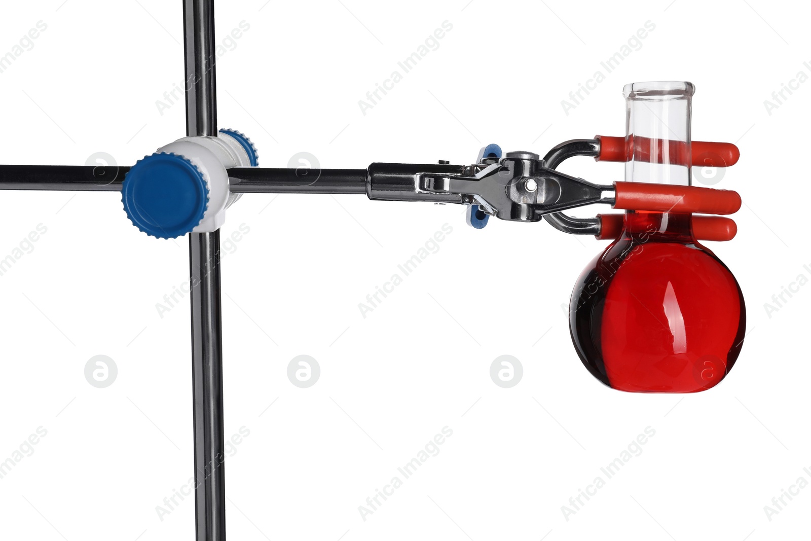 Photo of Retort stand with flask of red liquid isolated on white