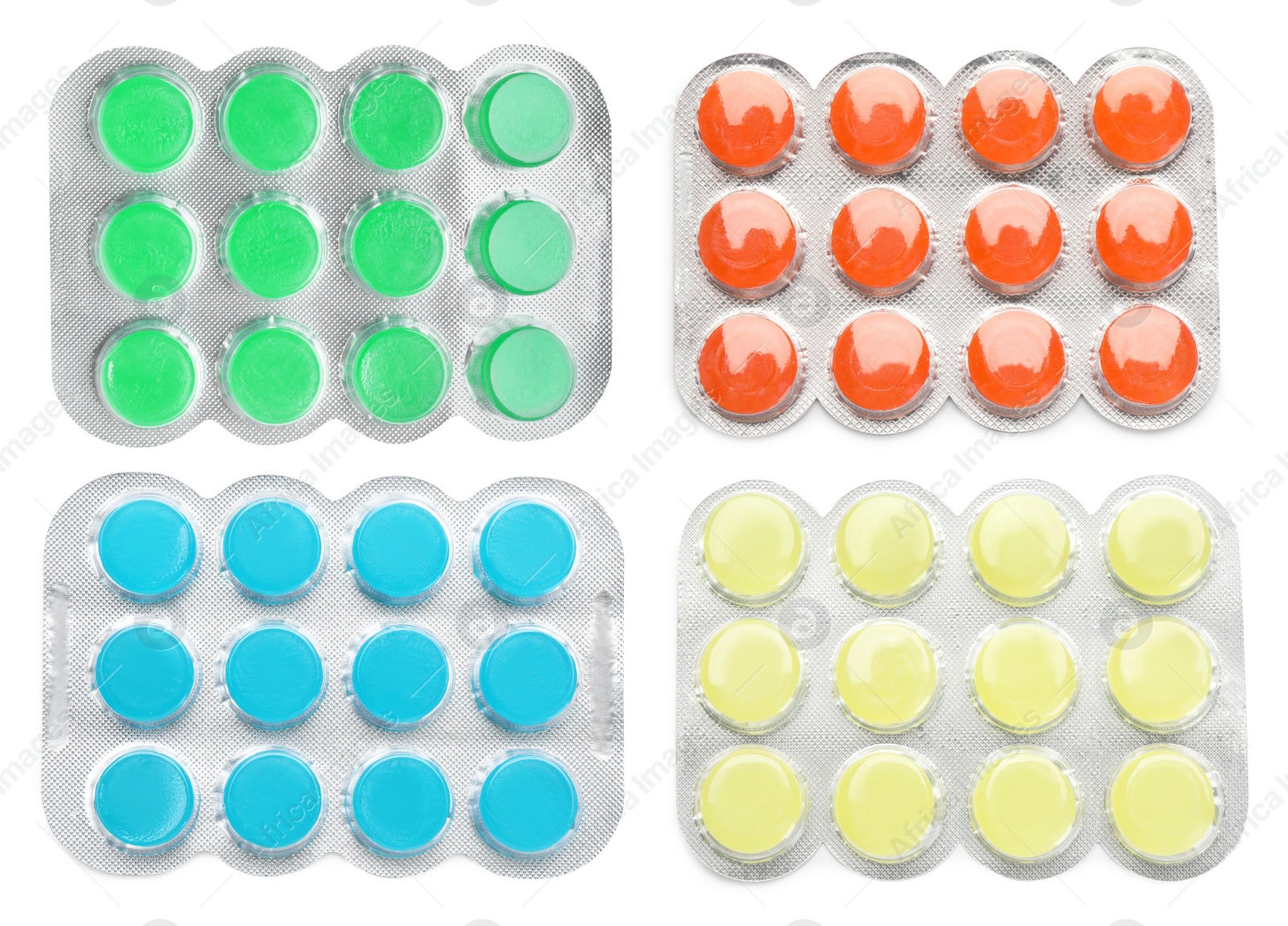 Image of Set with different cough drops on white background, top view