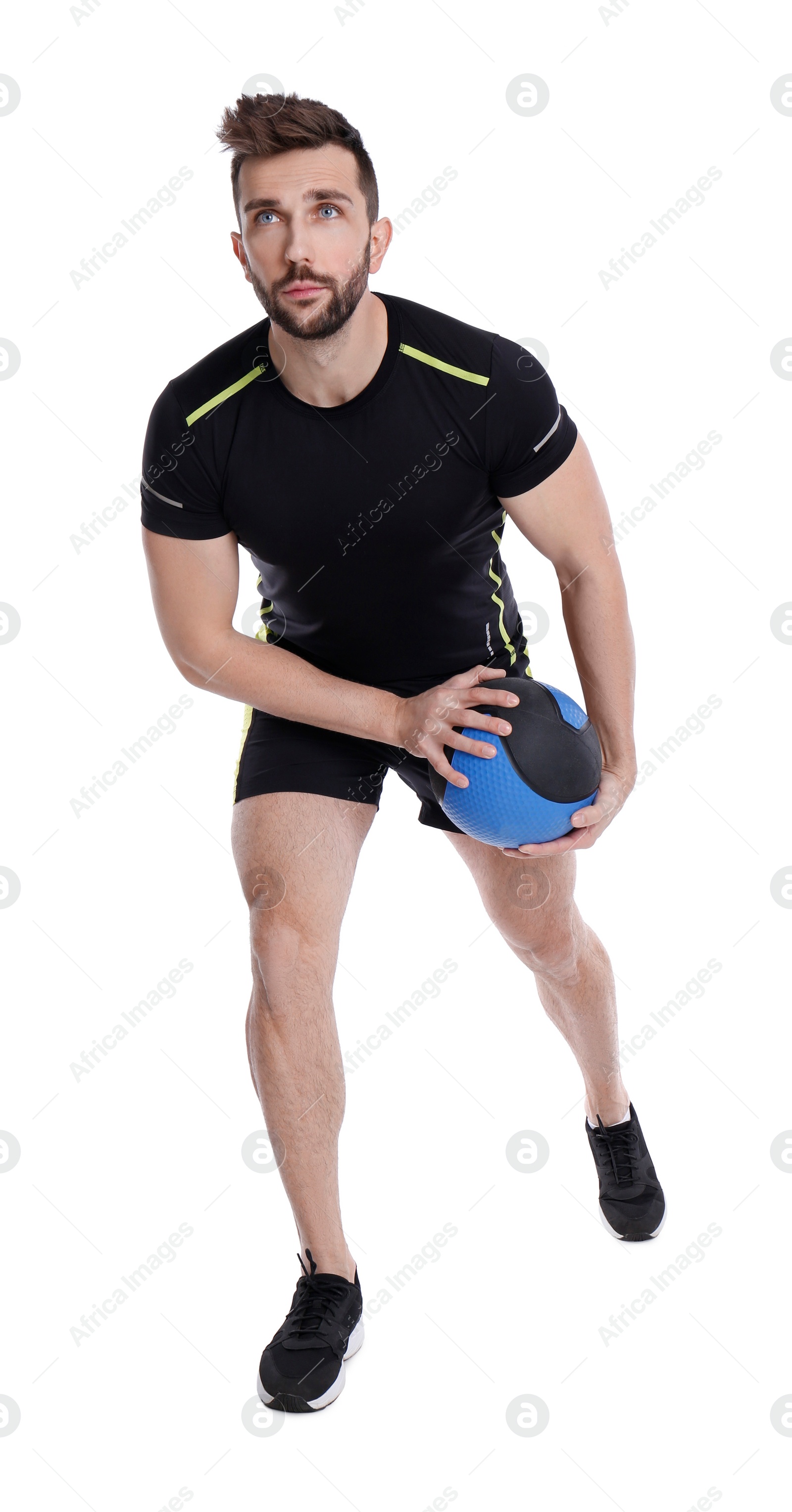 Photo of Athletic man doing exercise with medicine ball isolated on white