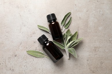 Photo of Bottles of essential sage oil, twigs and leaves on light grey table, flat lay