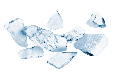 Crushed ice in air on white background