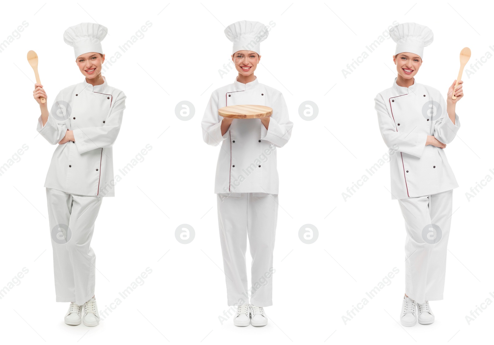 Image of Chef in uniform on white background, set with photos