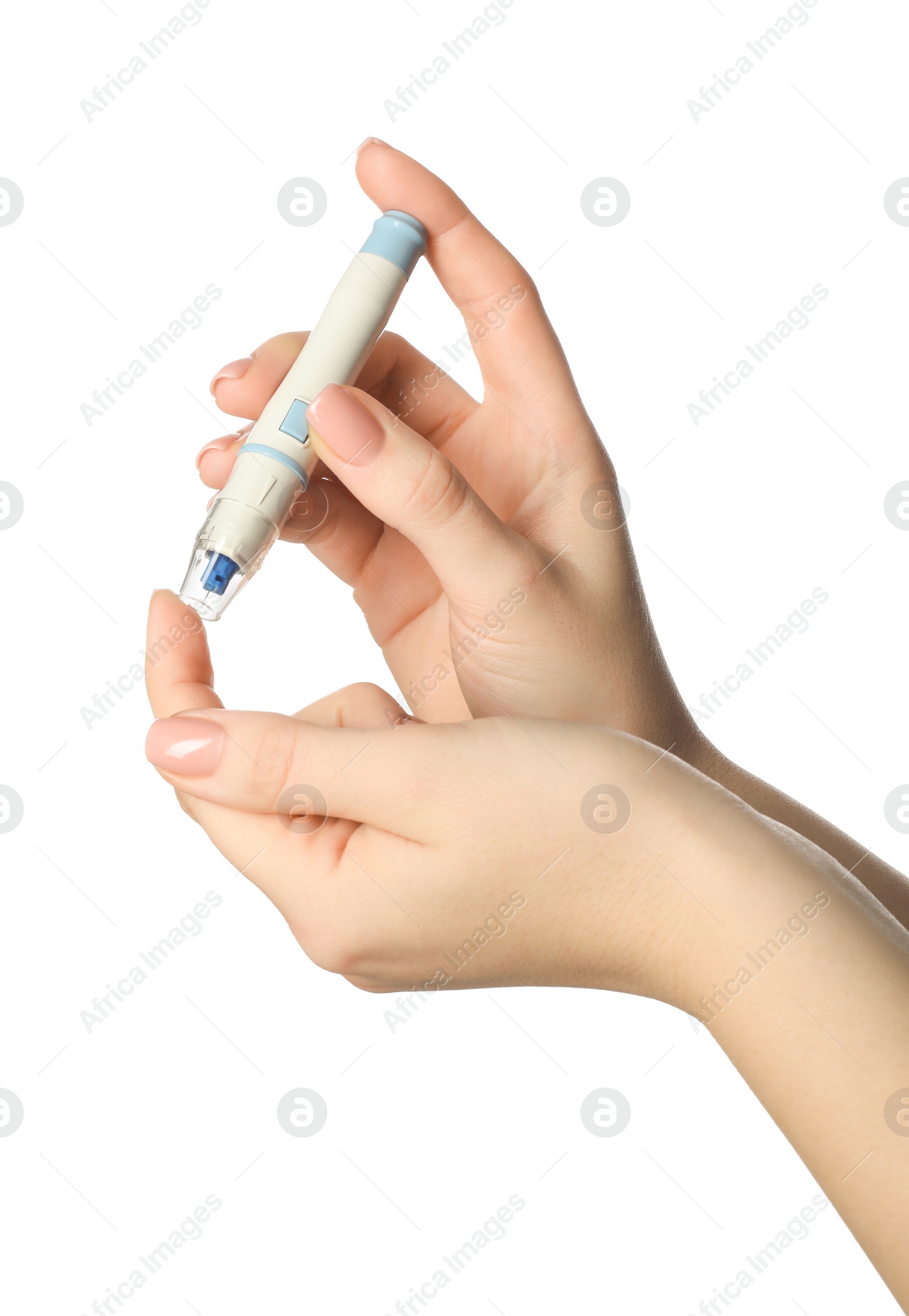 Photo of Diabetes. glucose testing. Woman using lancet pen on white background, closeup