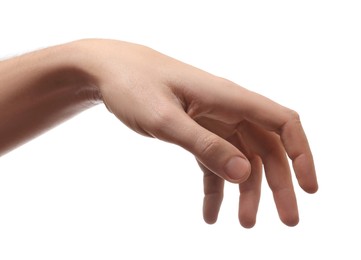 Man holding something in hand on white background, closeup