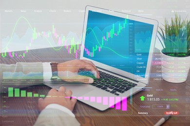 Stock exchange. Man using laptop at table and illustration of rating graph