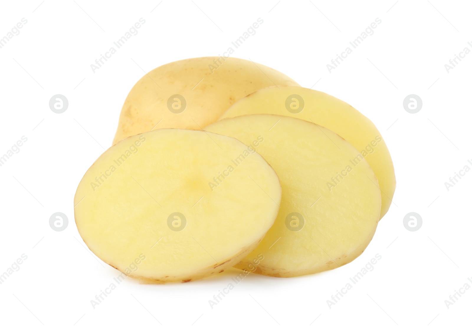 Photo of Whole and cut fresh raw organic potatoes on white background