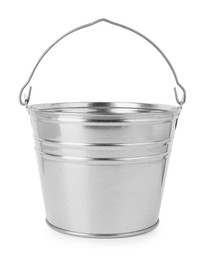 Photo of One shiny metal bucket isolated on white