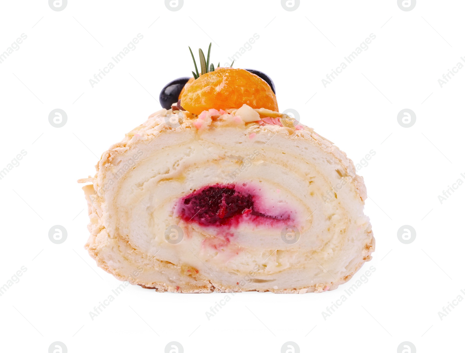 Photo of Tasty meringue roll with tangerine slices and rosemary isolated on white