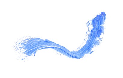 Photo of Stroke of blue mascara for eyelashes on white background