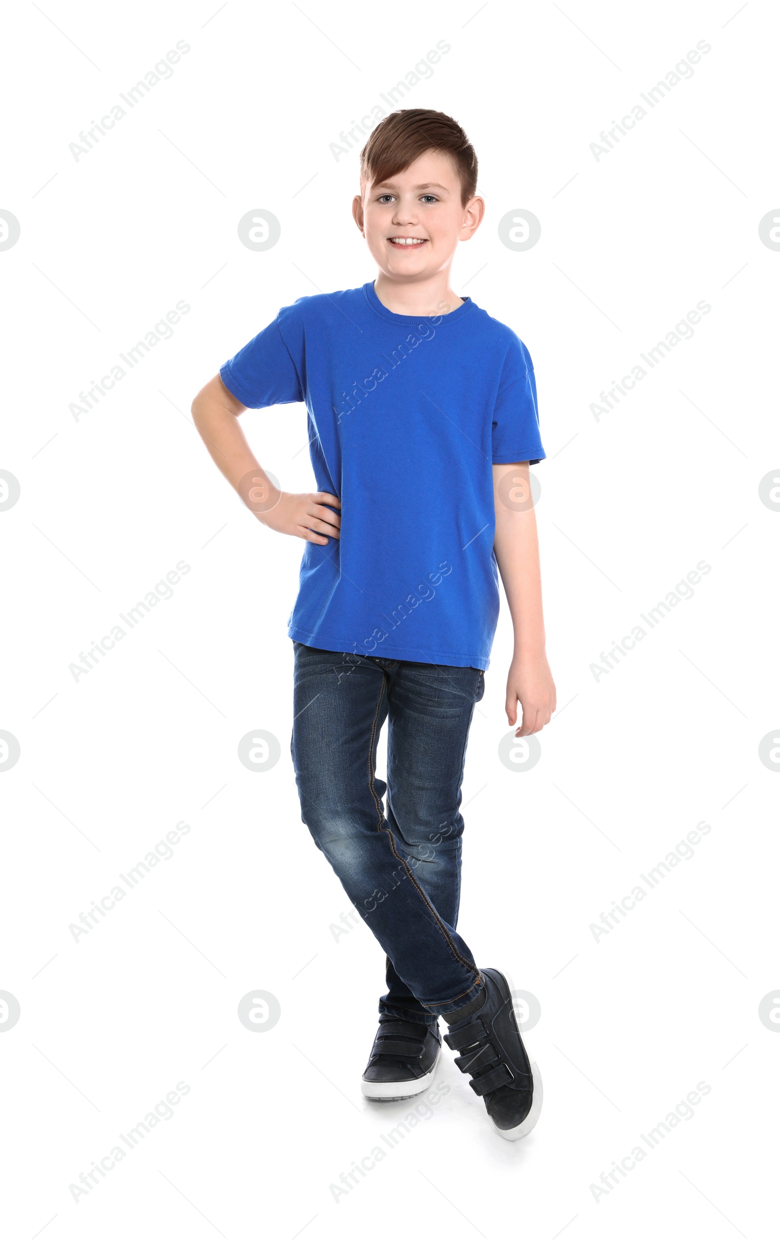 Photo of Full length portrait of little boy on white background