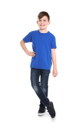 Full length portrait of little boy on white background