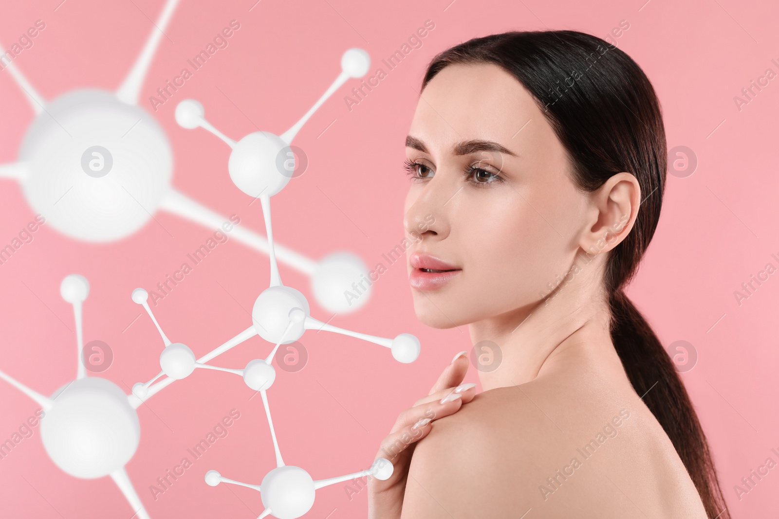 Image of Beautiful woman with perfect healthy skin and molecular model on pink background. Innovative cosmetology