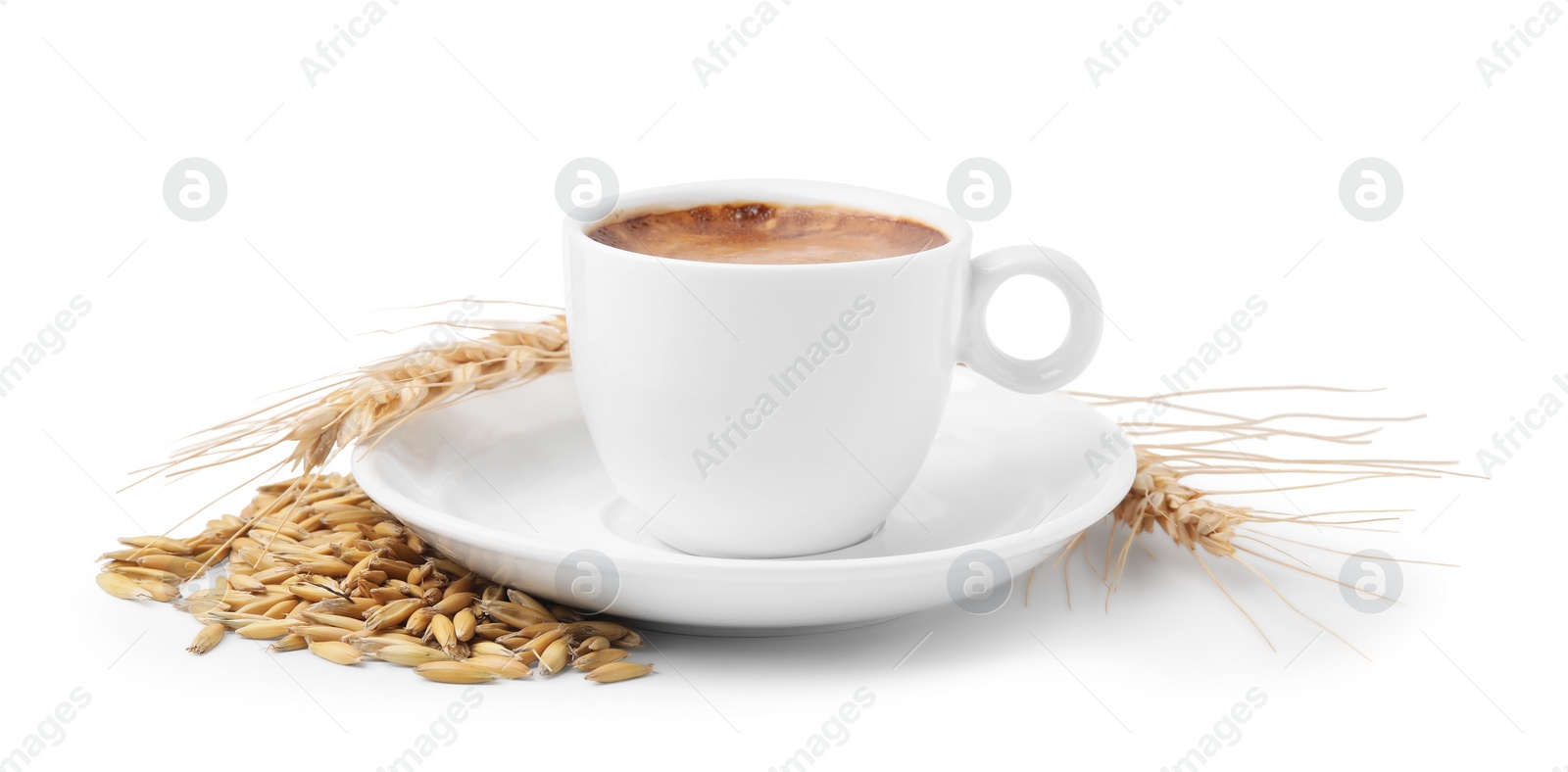 Photo of Cup of barley coffee, grains and spikes isolated on white