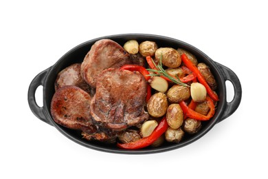Photo of Tasty beef tongue slices with potatoes, pepper and rosemary isolated on white , top view