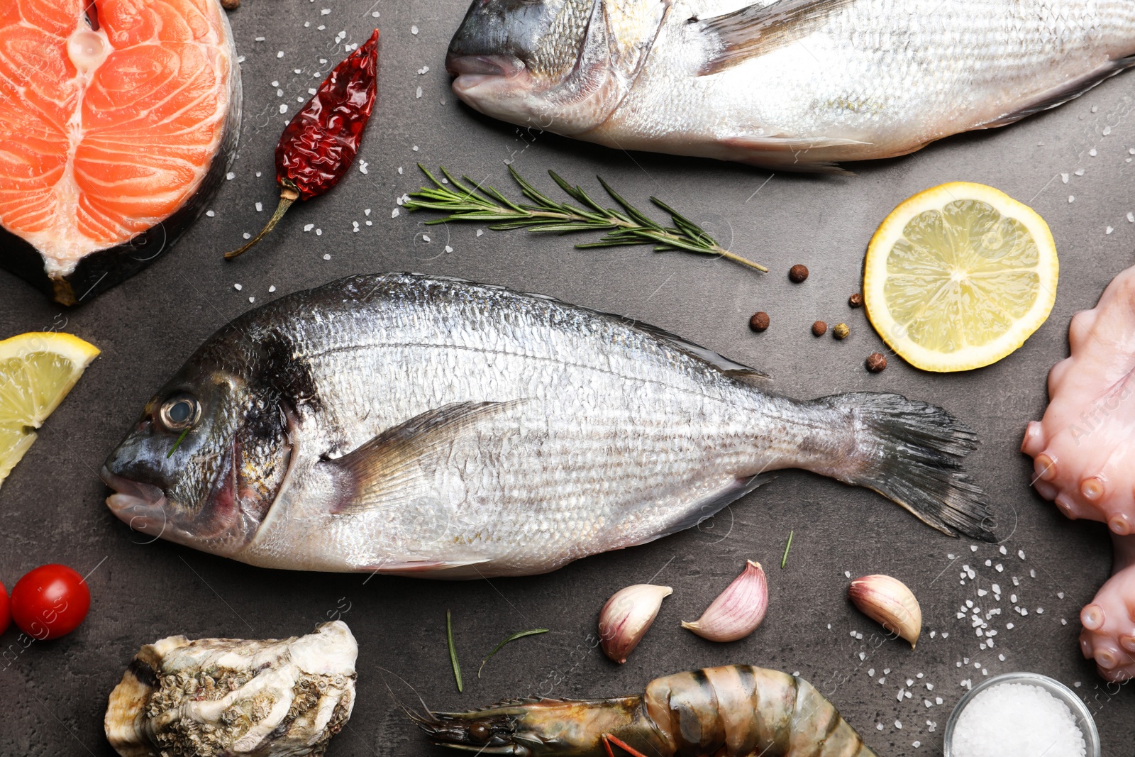 Photo of Flat lay composition with fresh raw dorado fish and different seafood on grey table