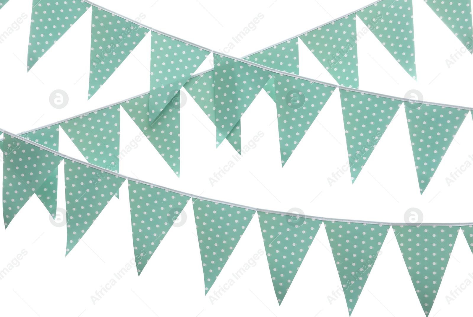 Photo of Rows of triangular bunting flags on white background. Festive decor