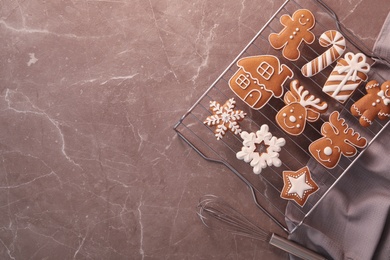 Delicious Christmas cookies on marble table, flat lay with space for text
